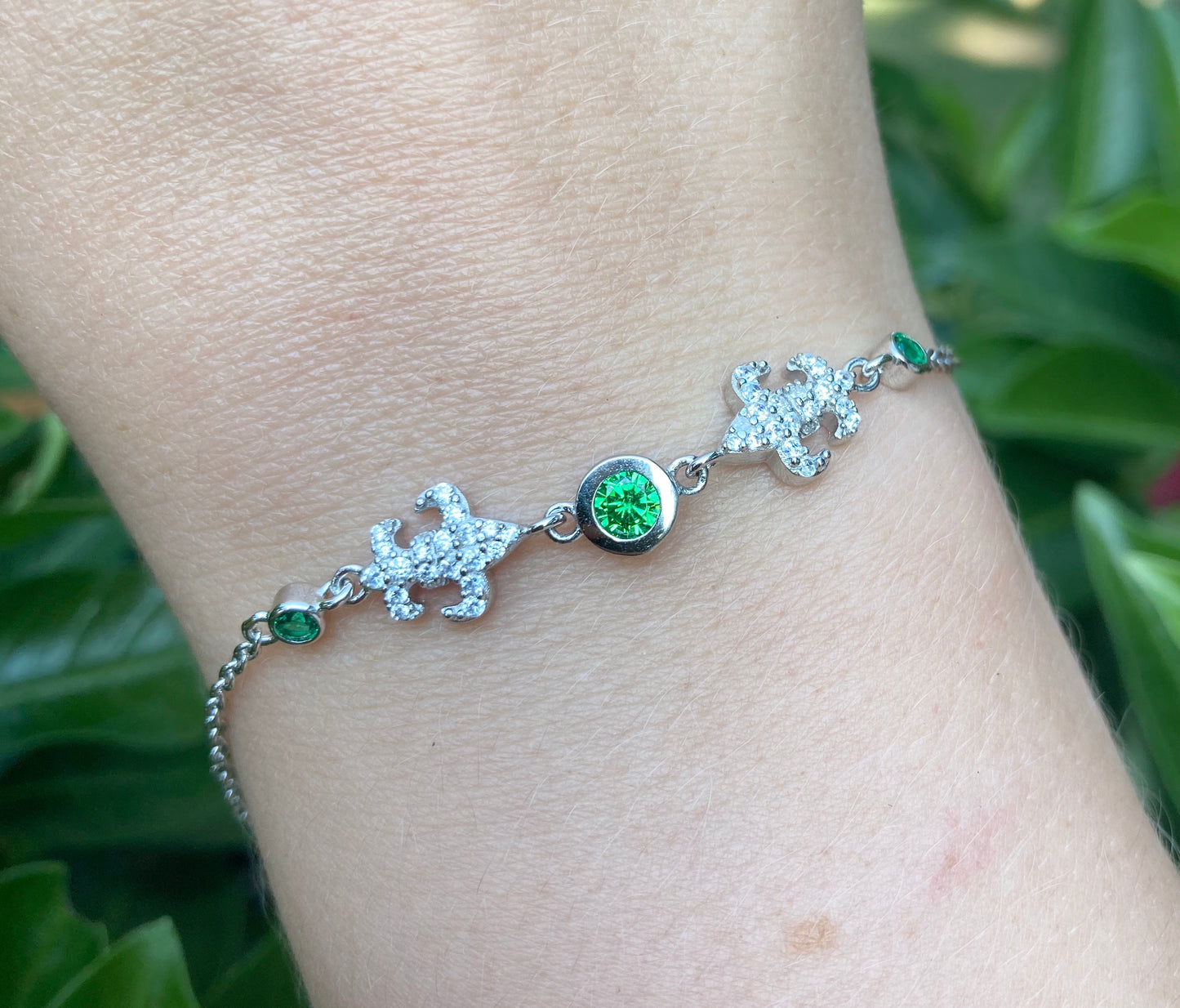 CZ Pave Fleur de Lis Sterling Silver & Green CZ Bracelet