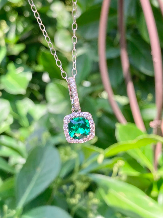 Sterling Silver Rhodium Plated Green & White CZ Necklace