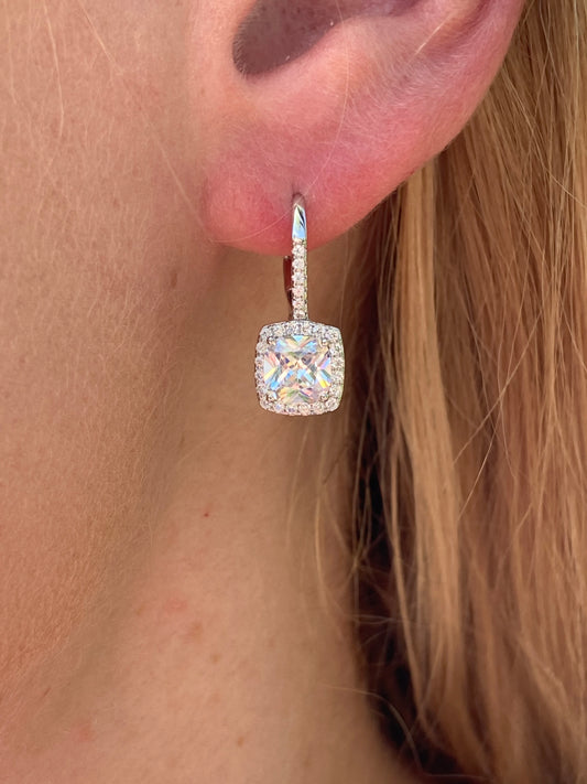 CZ Princess Halo Drop Earrings