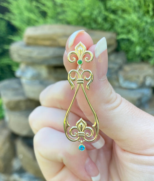 Gold Fleur-de-Lis Dangle Gemstone Earrings