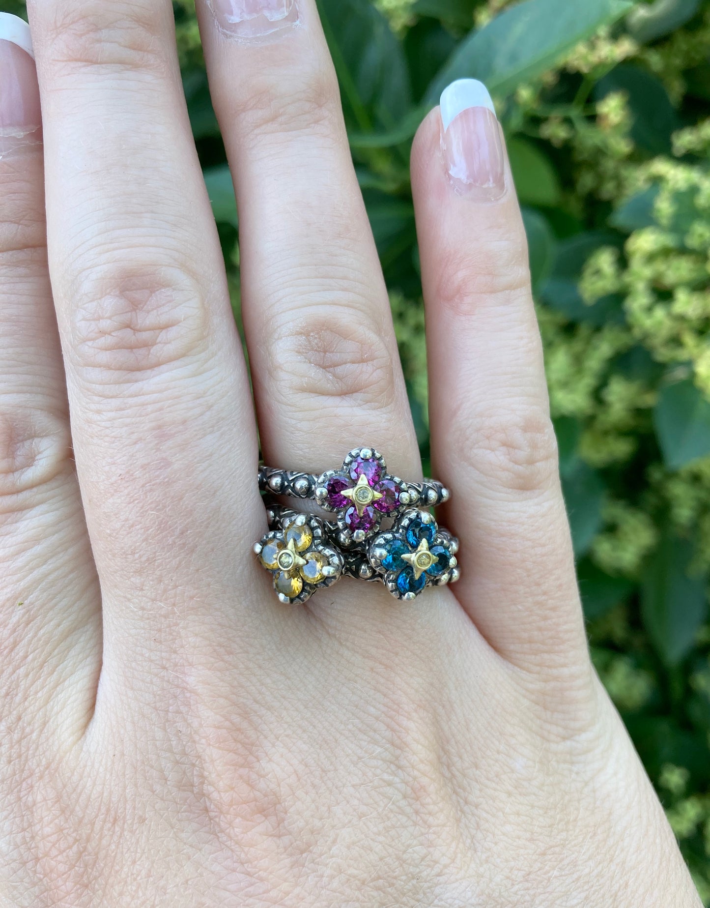 Rhodolite Garnet, Citrine & Blue Topaz Ring Set