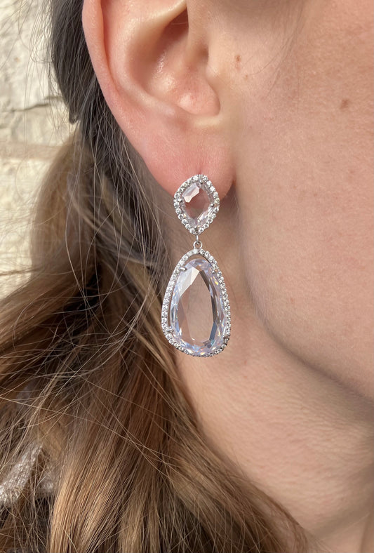 Rhodium Plated Sterling Silver Drop CZ Earrings