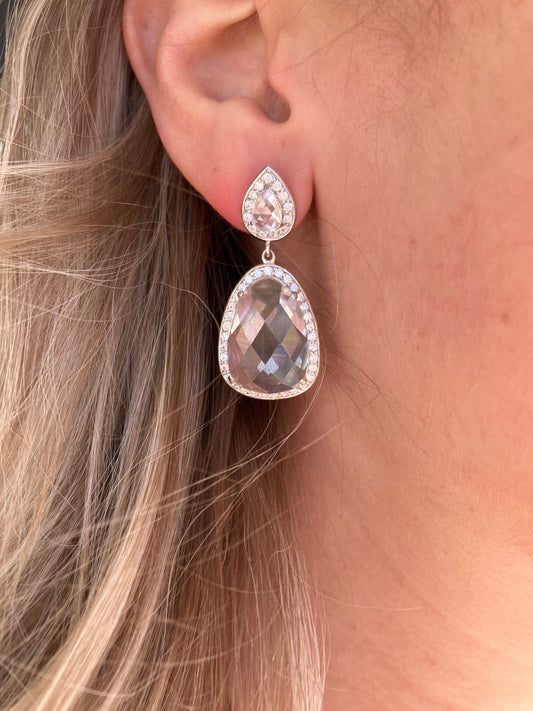 Rhodium Plated Silver CZ Drop Earrings