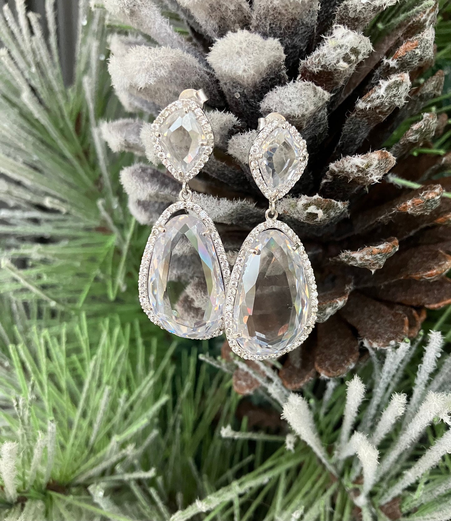 Rhodium Plated Sterling Silver Drop CZ Earrings