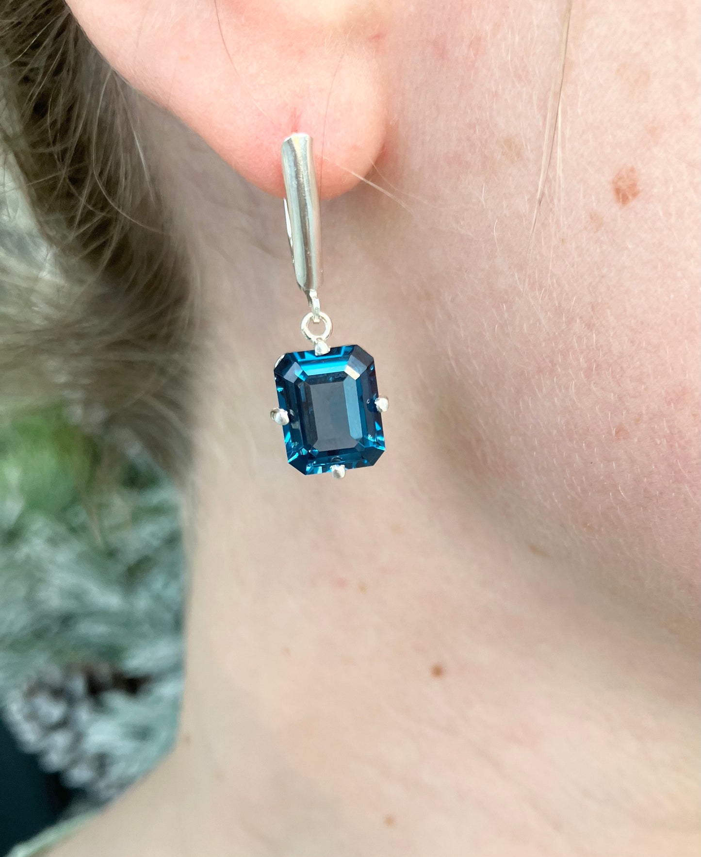 Rhodium Plated Sterling Silver Imitation Blue Zircon Earrings