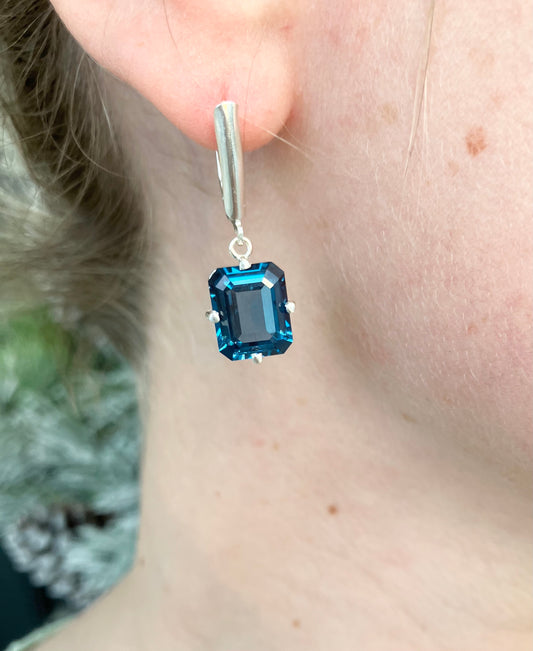 Rhodium Plated Sterling Silver Imitation Blue Zircon Earrings