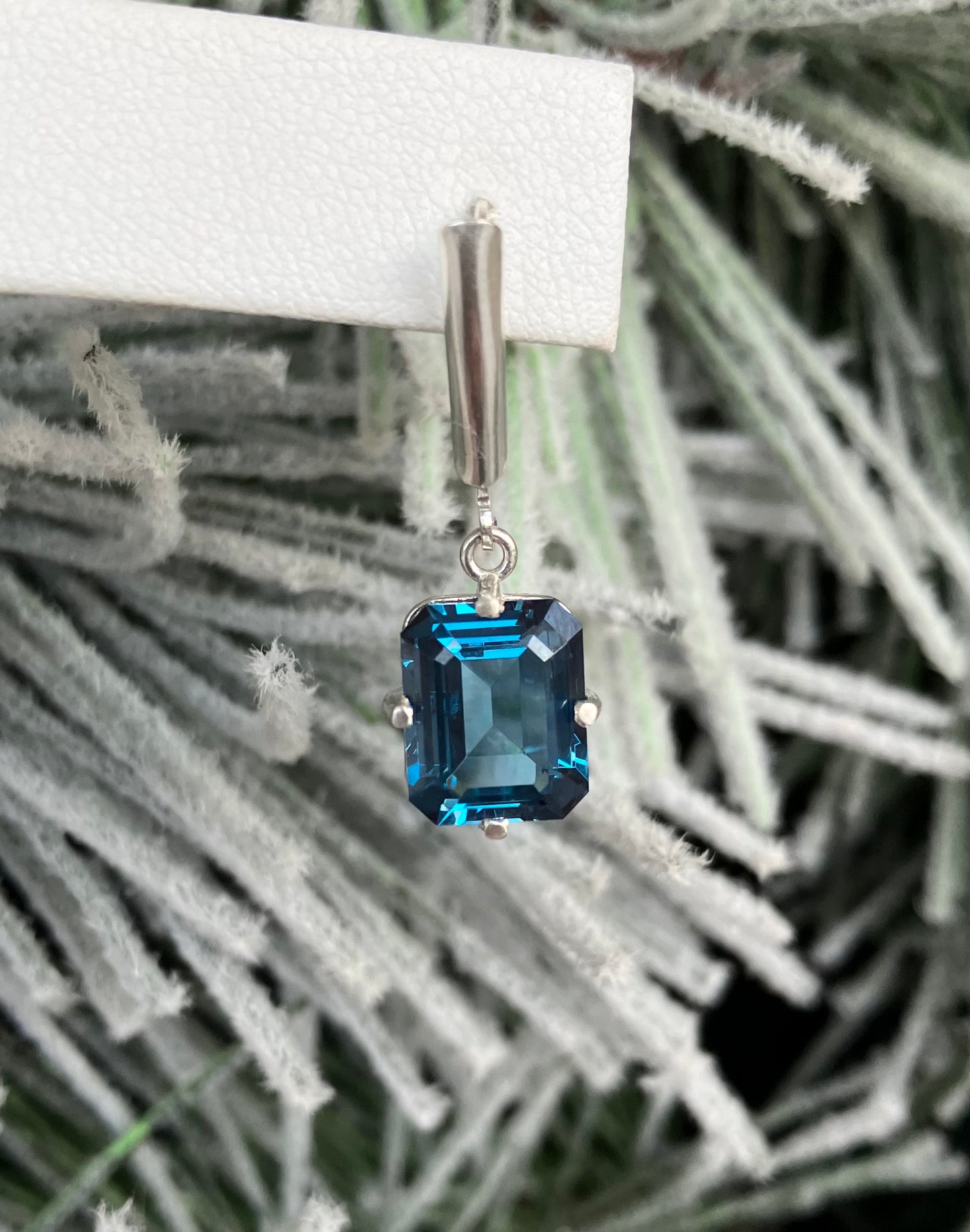 Rhodium Plated Sterling Silver Imitation Blue Zircon Earrings