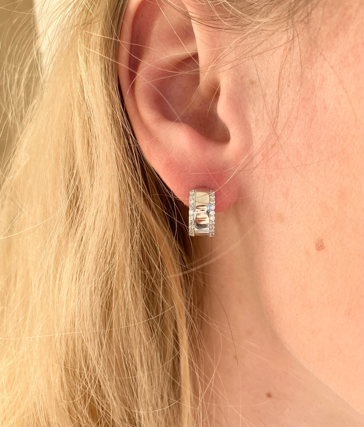Sterling Silver CZ Edged Hinged Huggie Earrings