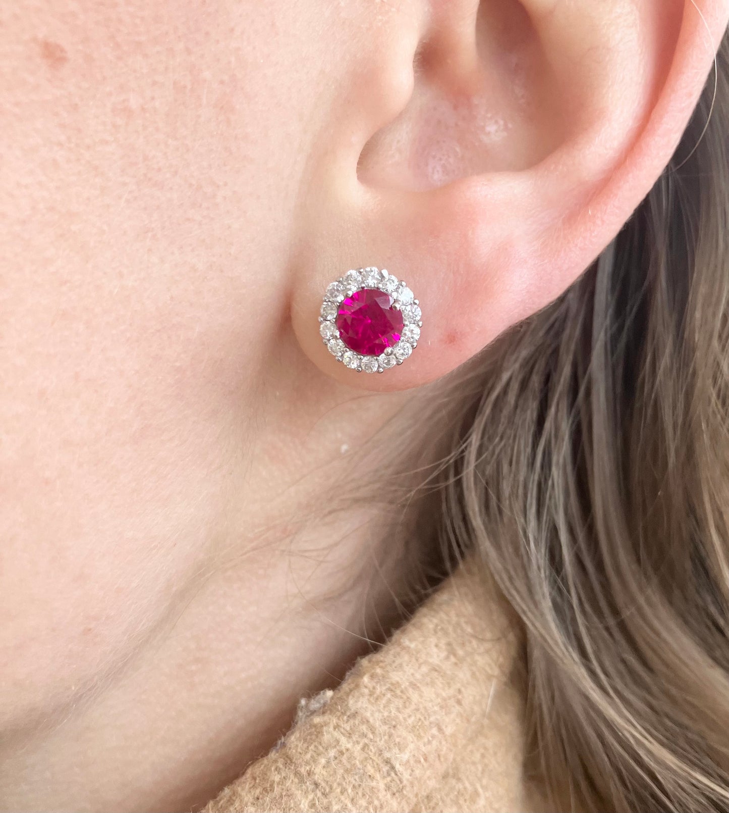 Sterling Silver Lab-Created Ruby Halo Stud Earrings
