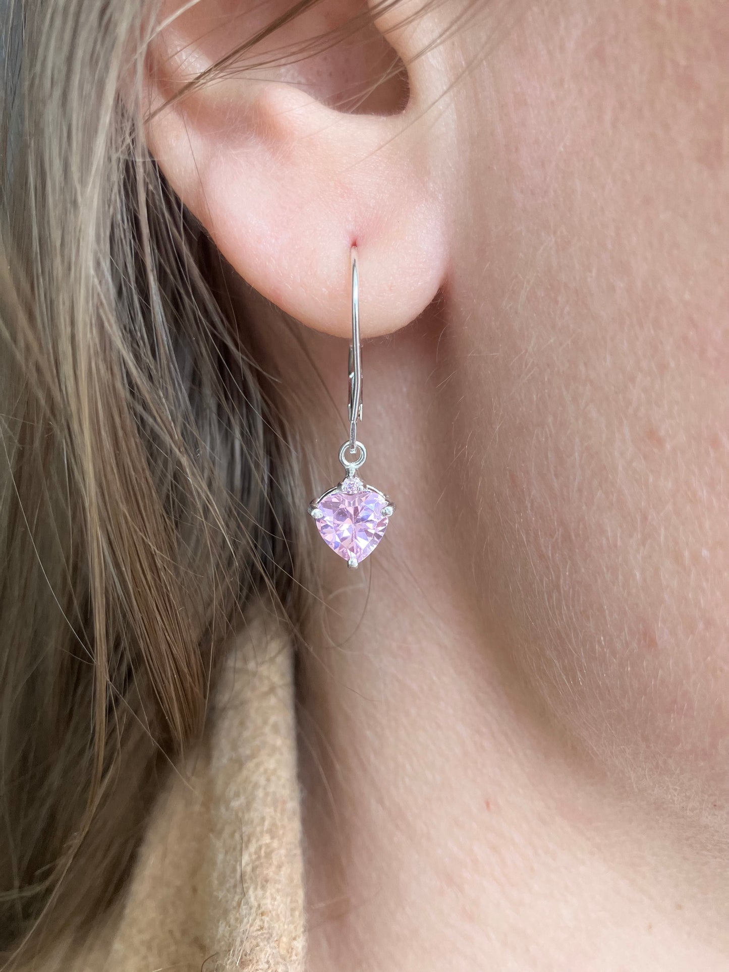 Sterling Silver Pink CZ Heart Dangle Earrings