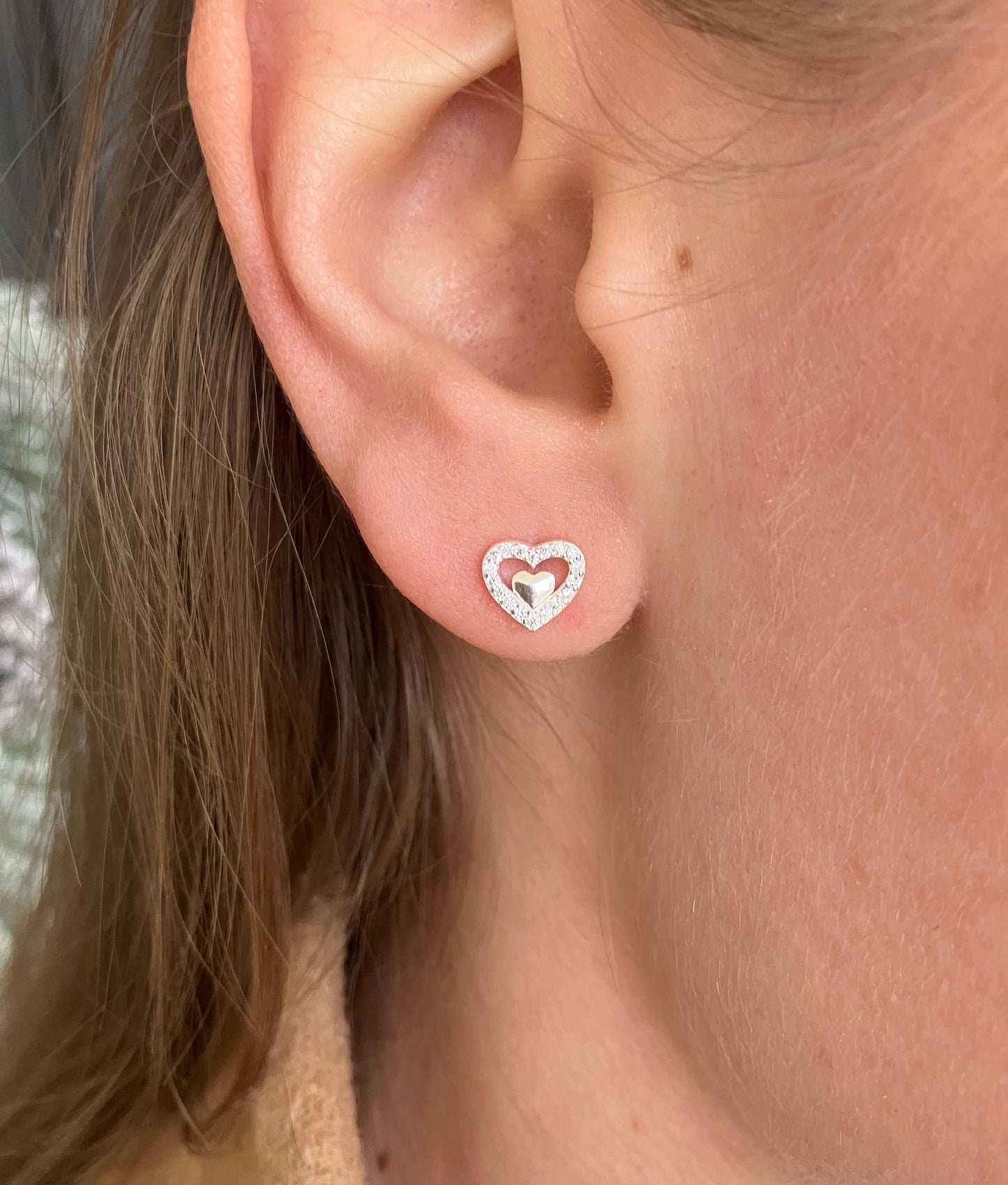 Sterling Silver Heart in a Heart Stud Earrings