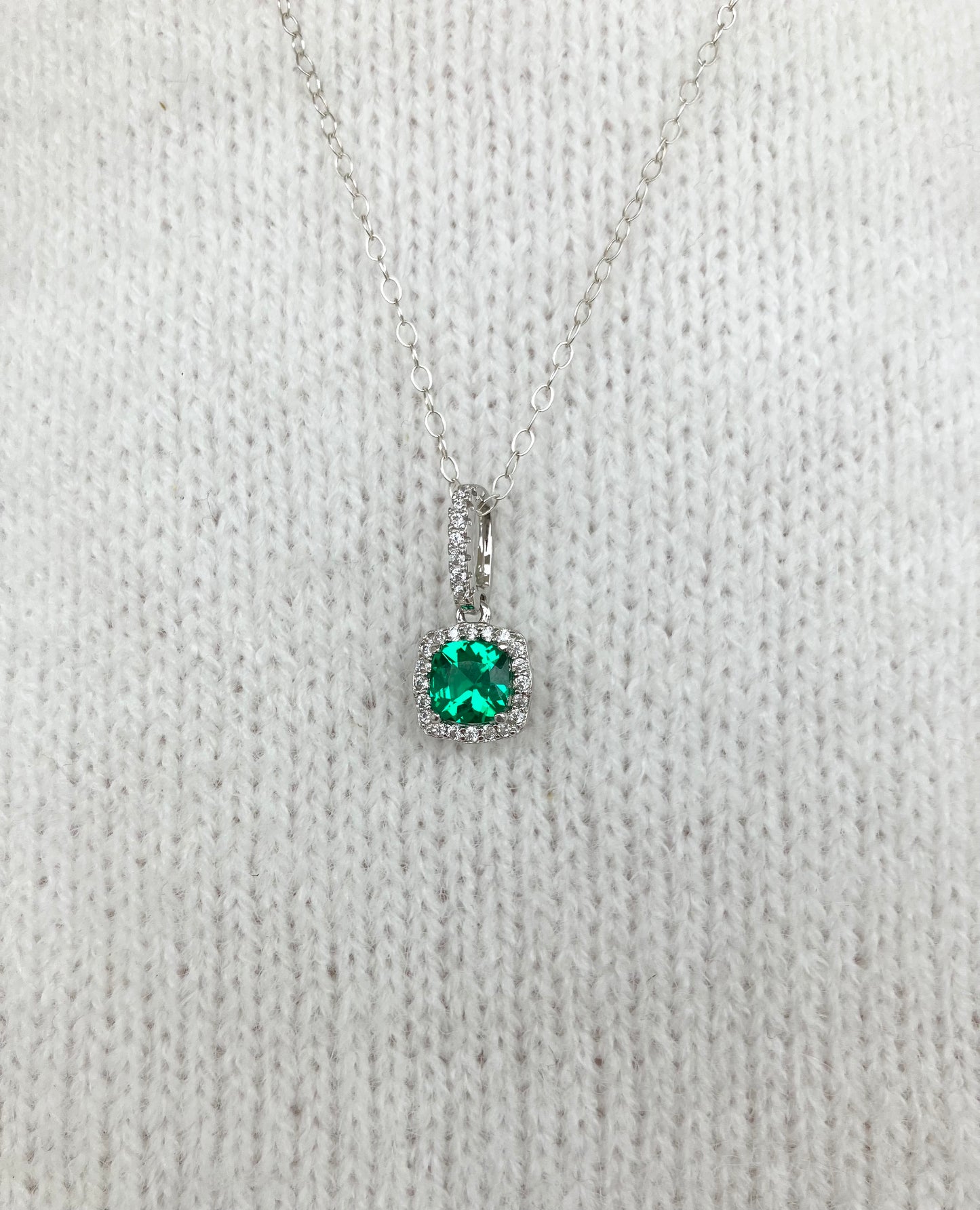 Sterling Silver Rhodium Plated Green & White CZ Necklace