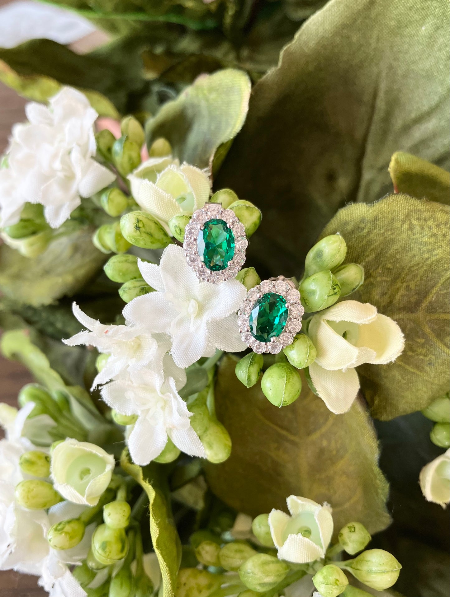 Oval Halo Green & White CZ Earrings