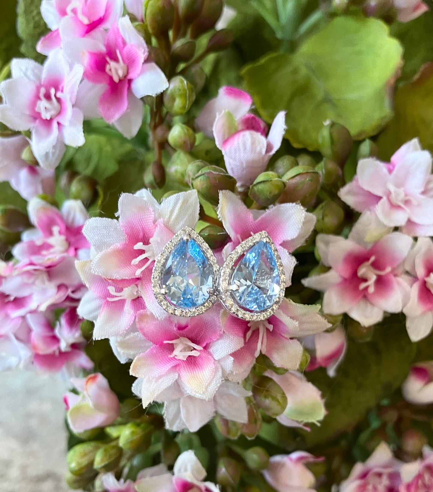 Lab-Created Aquamarine Pear Halo Post Earrings