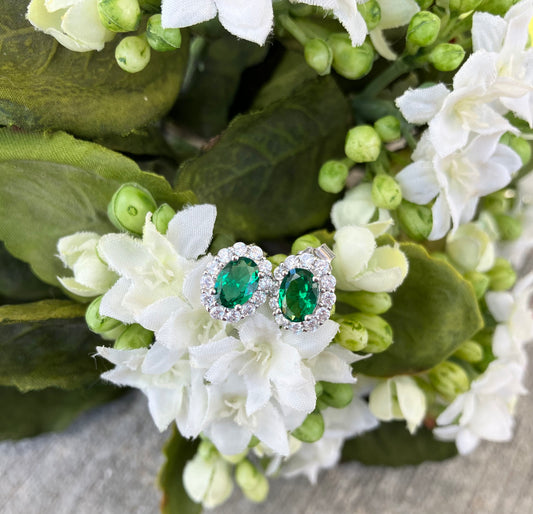 Oval Halo Green & White CZ Earrings