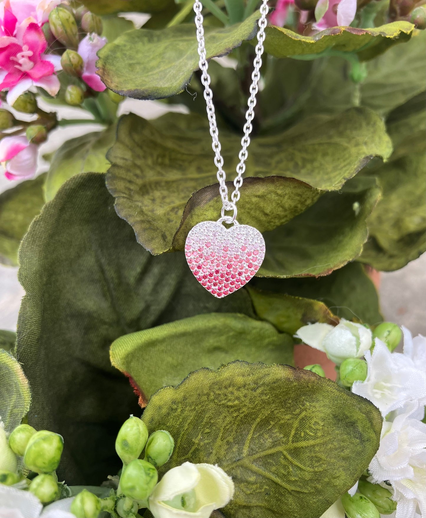 Red, Pink & White Sterling Silver Heart Necklace