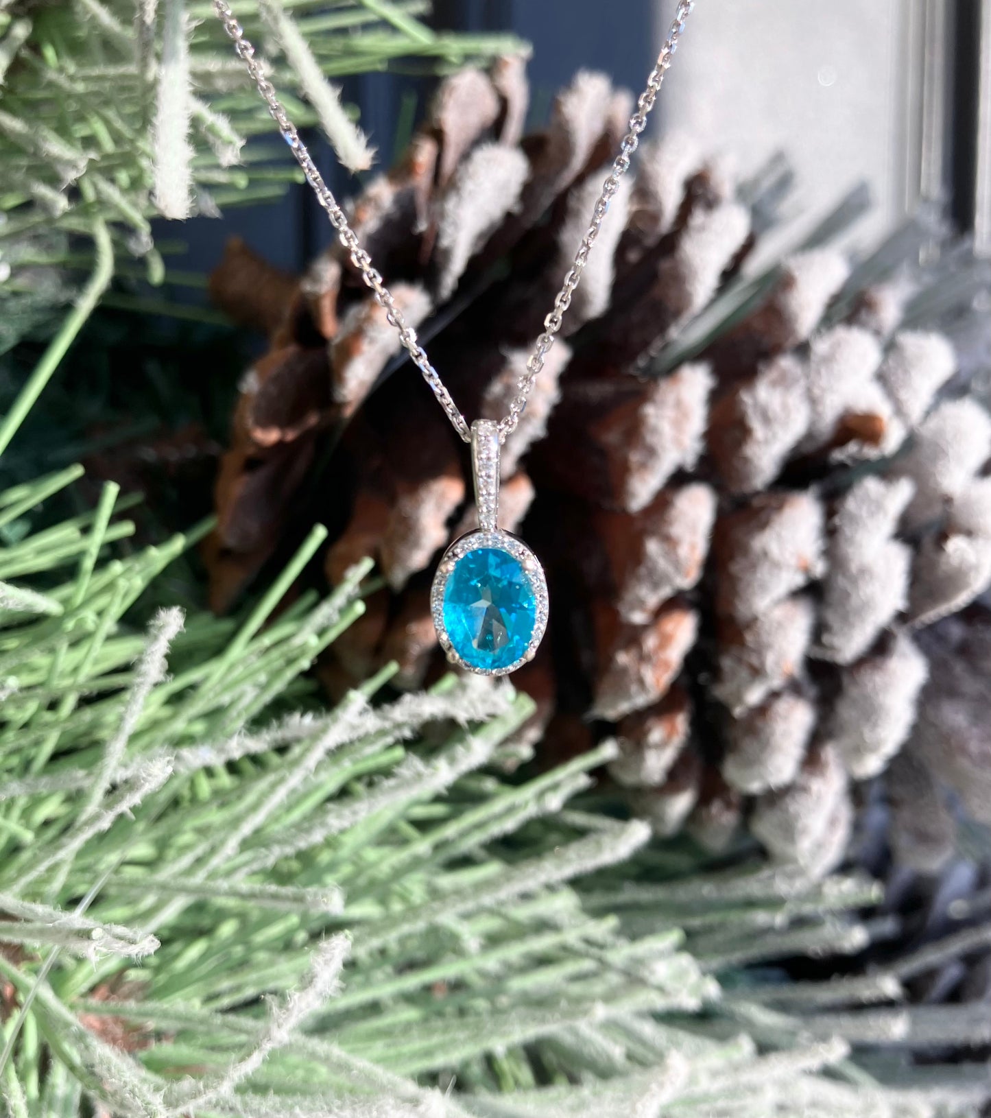 14K White Gold Paraiba Blue Topaz & Diamond Necklace