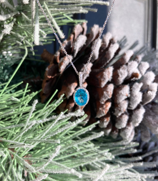 14K White Gold Paraiba Blue Topaz & Diamond Necklace