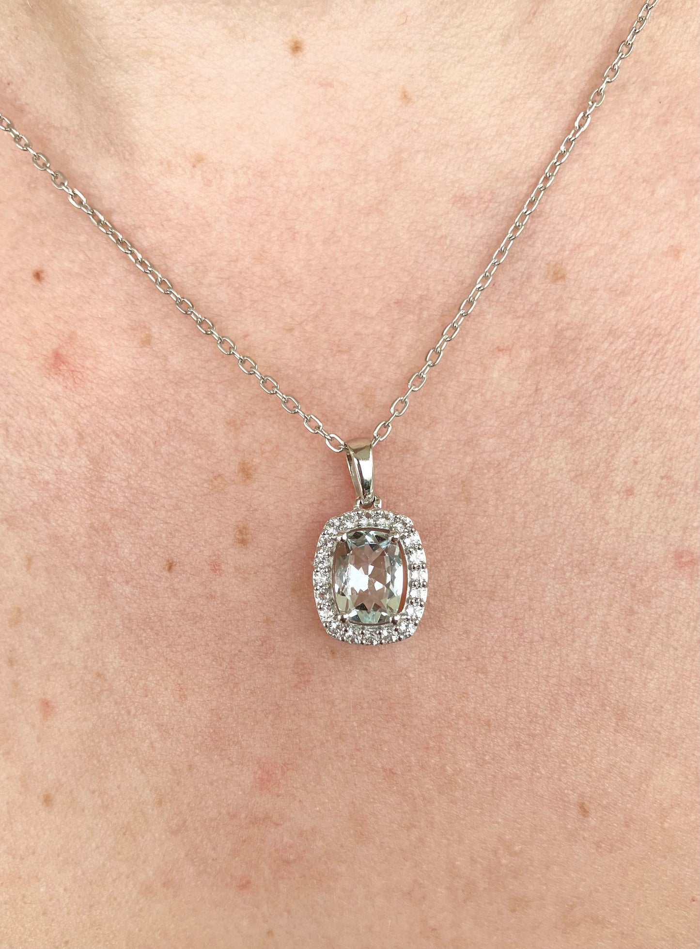 Sterling Silver Rhodium Plated Natural Aquamarine & White Topaz Necklace