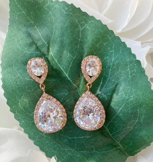 Rose Toned Halo Dangle CZ Earrings