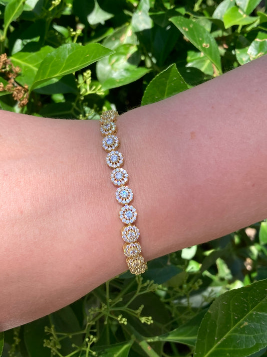 Sterling Silver Gold Tone CZ Halo Adjustable Bracelet