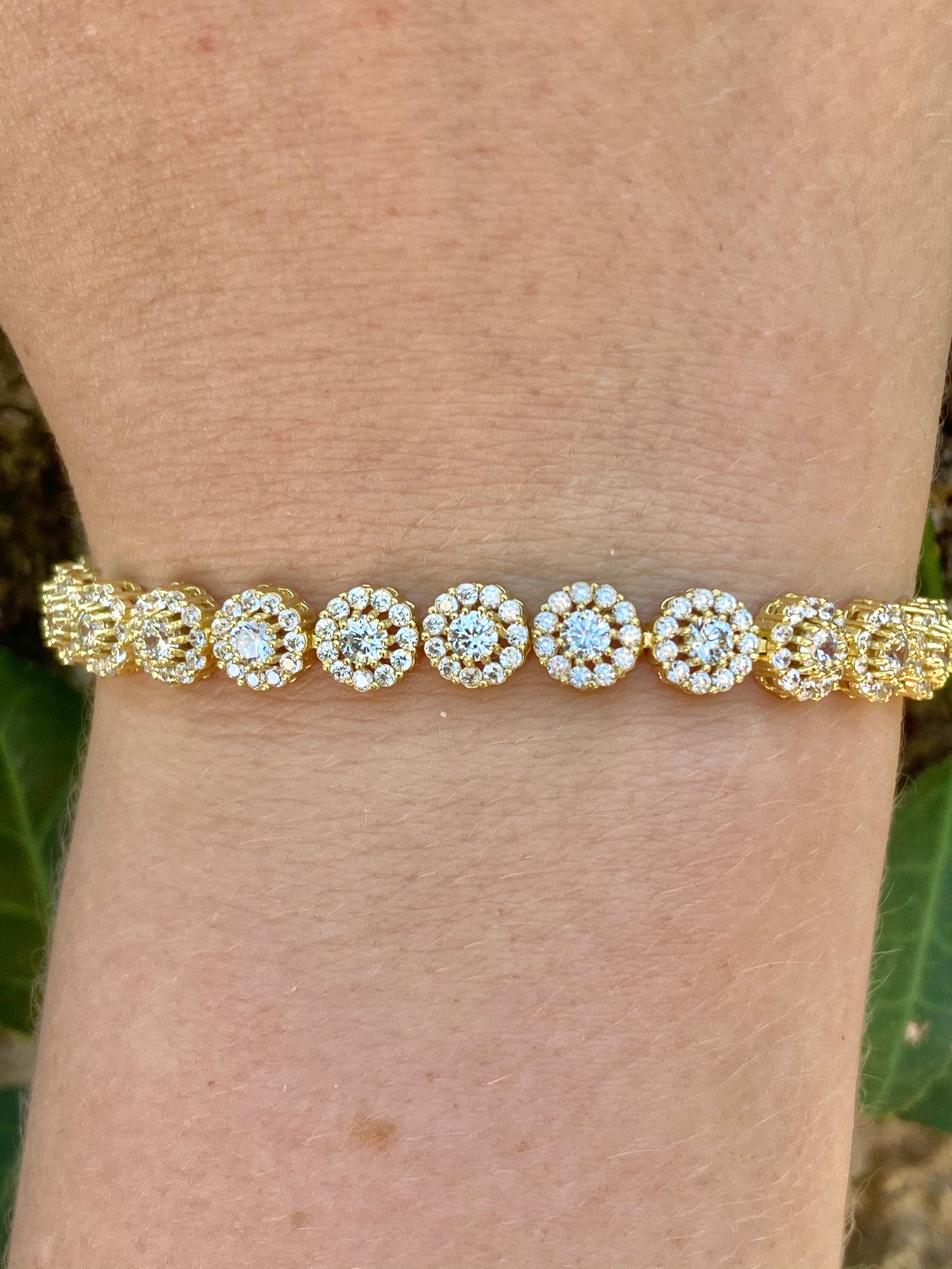 Sterling Silver Gold Tone CZ Halo Adjustable Bracelet
