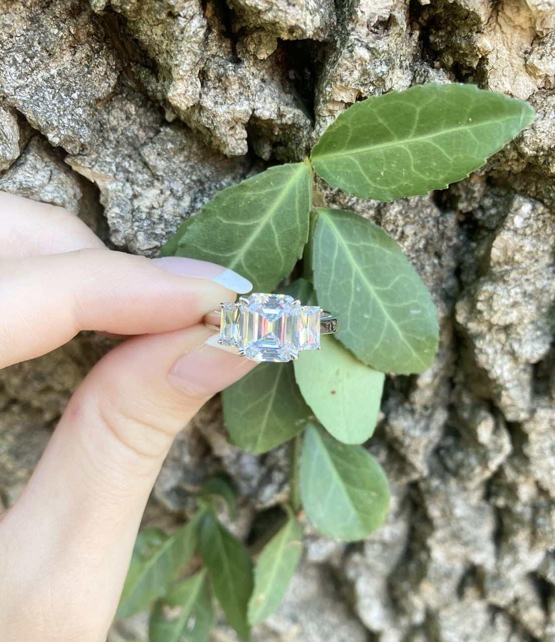 3 Stone Ascher Cut CZ Sterling Silver Ring