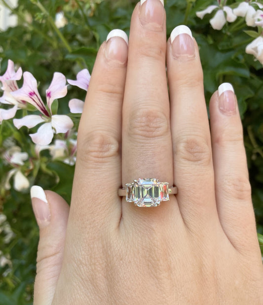3 Stone Ascher Cut CZ Sterling Silver Ring