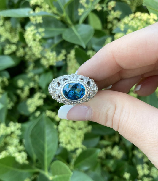 Judith Ripka Checkerboard Blue Topaz and Sterling Silver Ring