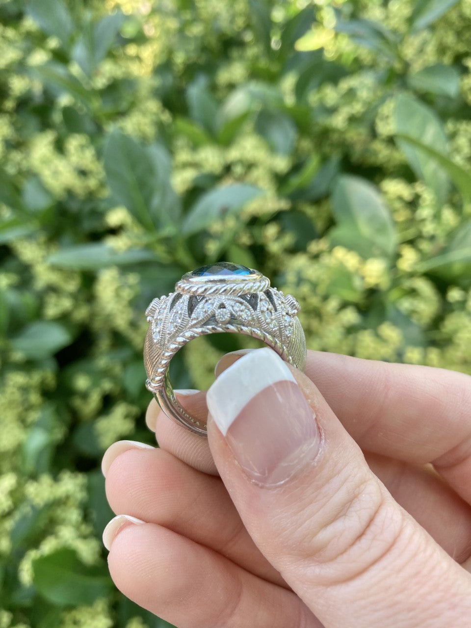 Judith Ripka Checkerboard Blue Topaz and Sterling Silver Ring