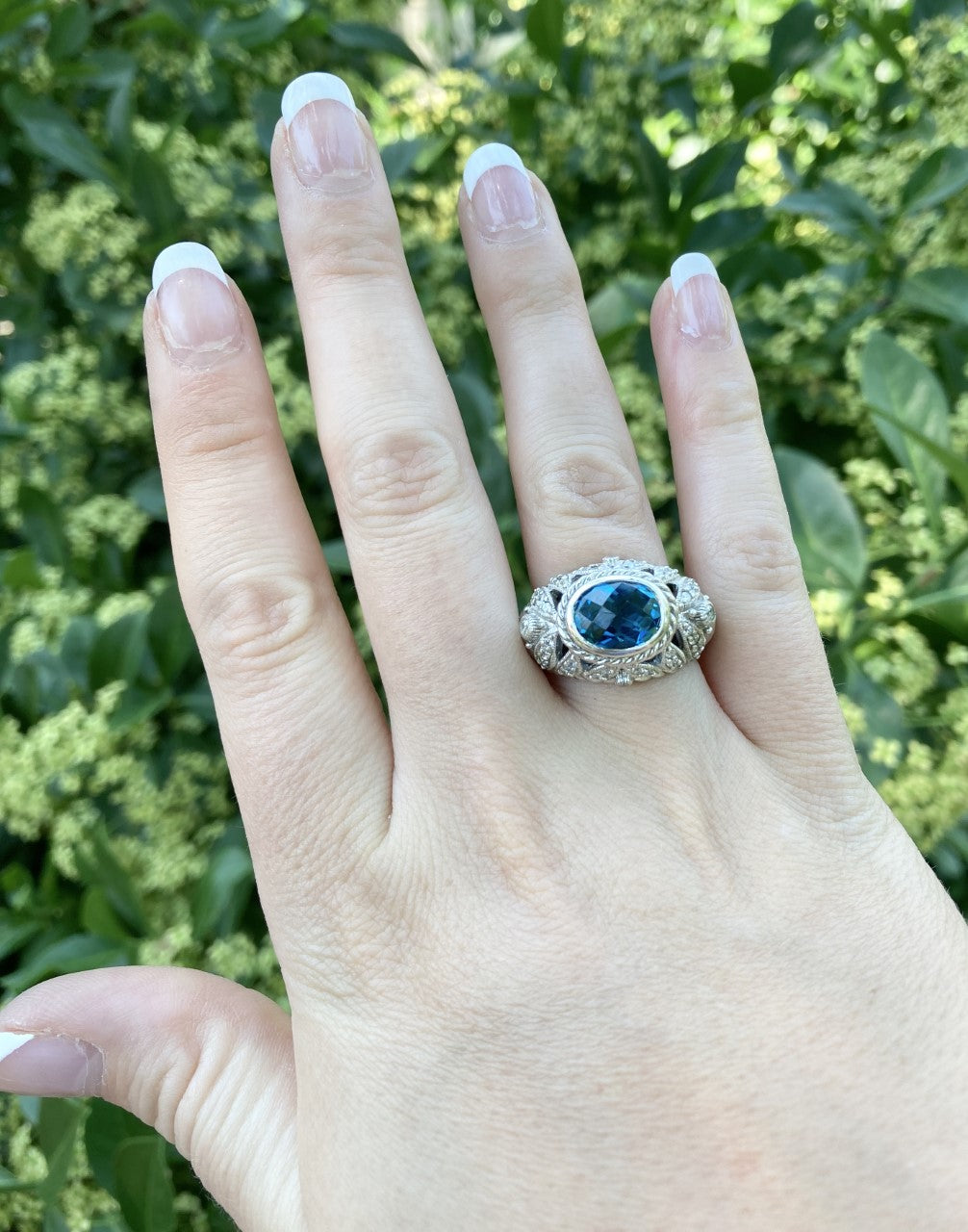 Judith Ripka Checkerboard Blue Topaz and Sterling Silver Ring