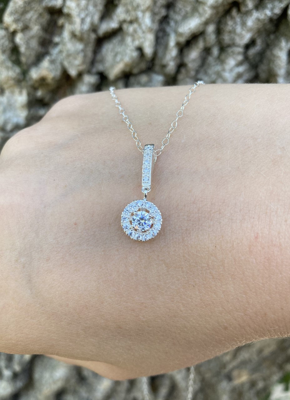 Sterling Silver & CZ Halo Dangle Necklace