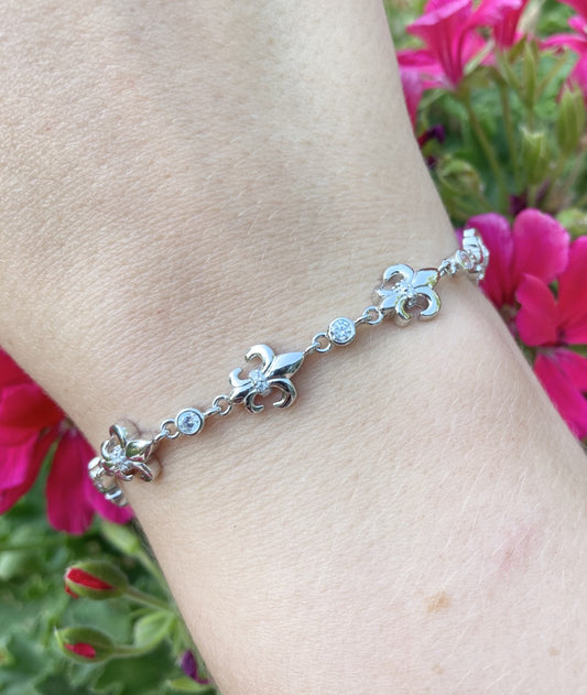 Sterling Silver Fleur de Lis & CZ Bracelet