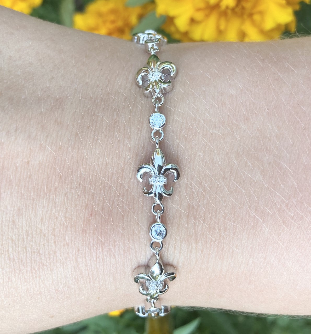 Sterling Silver Fleur de Lis & CZ Bracelet