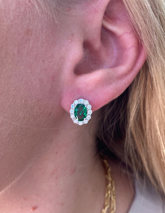 Oval Halo Green & White CZ Earrings