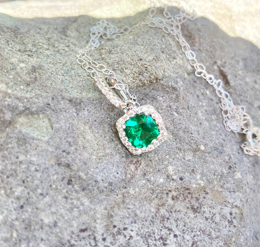Sterling Silver Rhodium Plated Green & White CZ Necklace