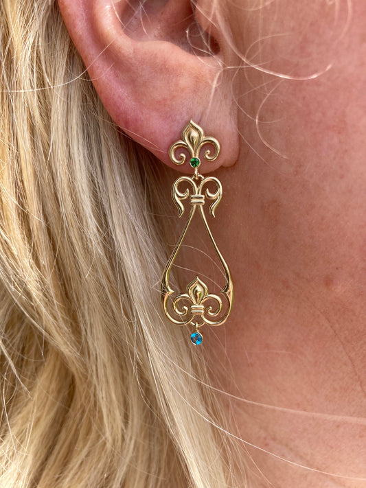 Gold Fleur-de-Lis Dangle Gemstone Earrings