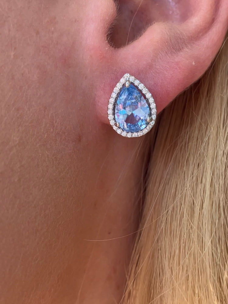 Lab-Created Aquamarine Pear Halo Post Earrings