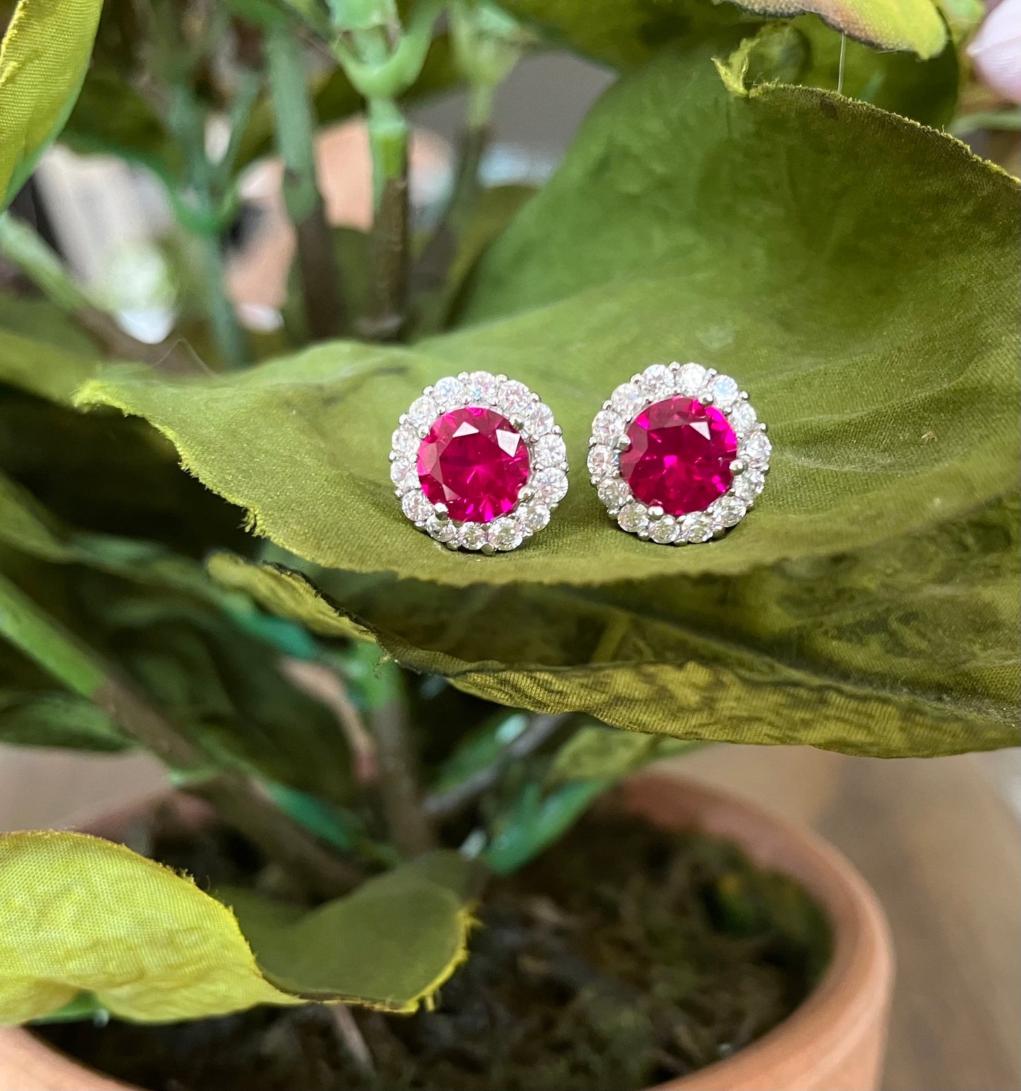 Sterling Silver Lab-Created Ruby Halo Stud Earrings
