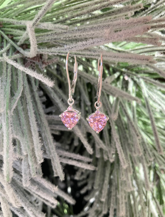 Sterling Silver Pink CZ Heart Dangle Earrings