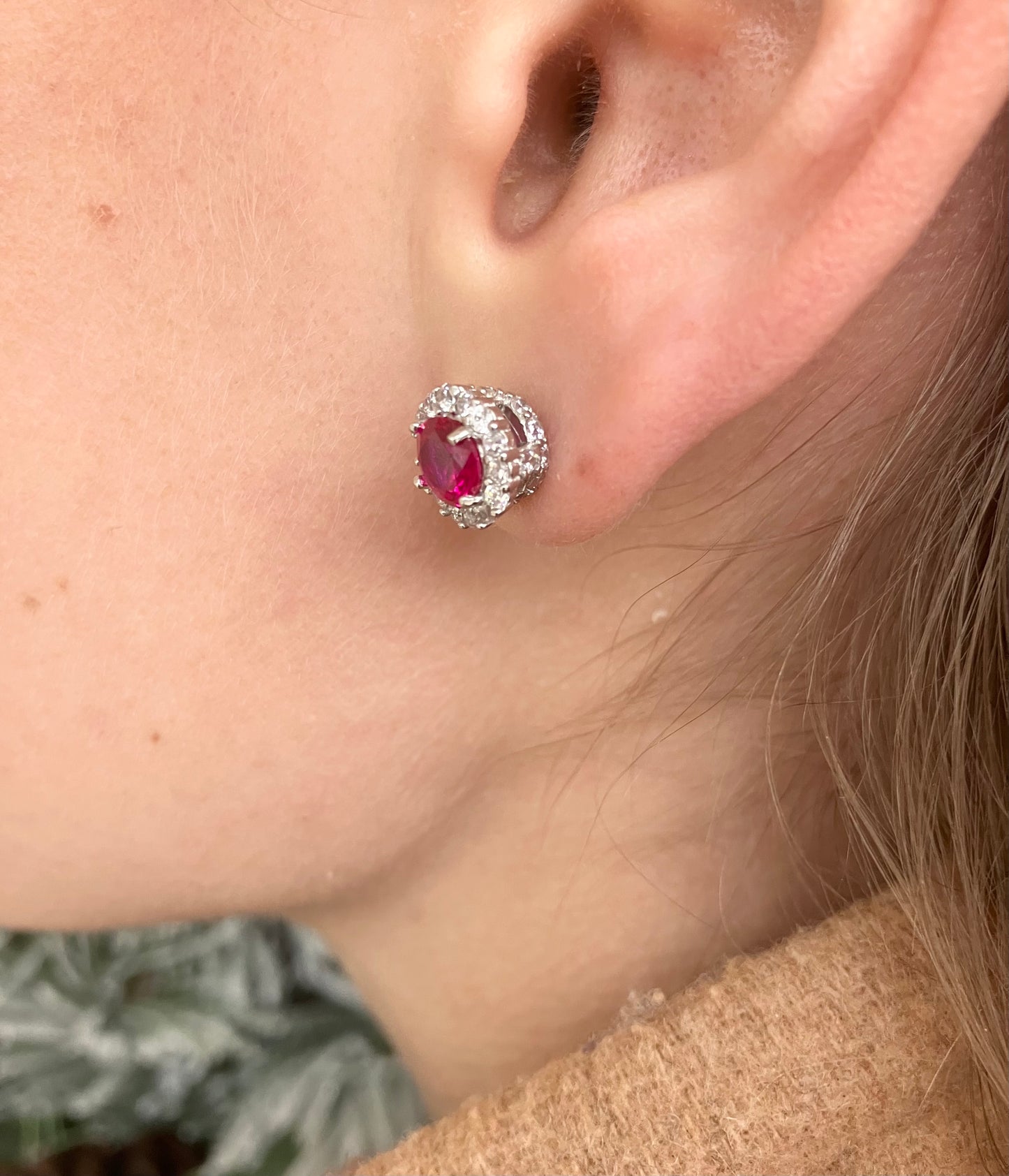 Sterling Silver Lab-Created Ruby Halo Stud Earrings