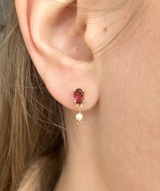 14K Gold Pink Tourmaline & Pearl Earrings