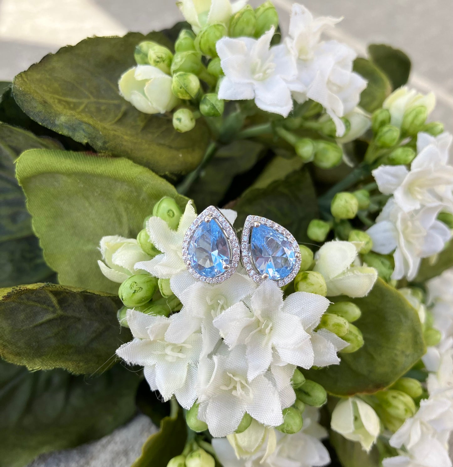 Lab-Created Aquamarine Pear Halo Post Earrings