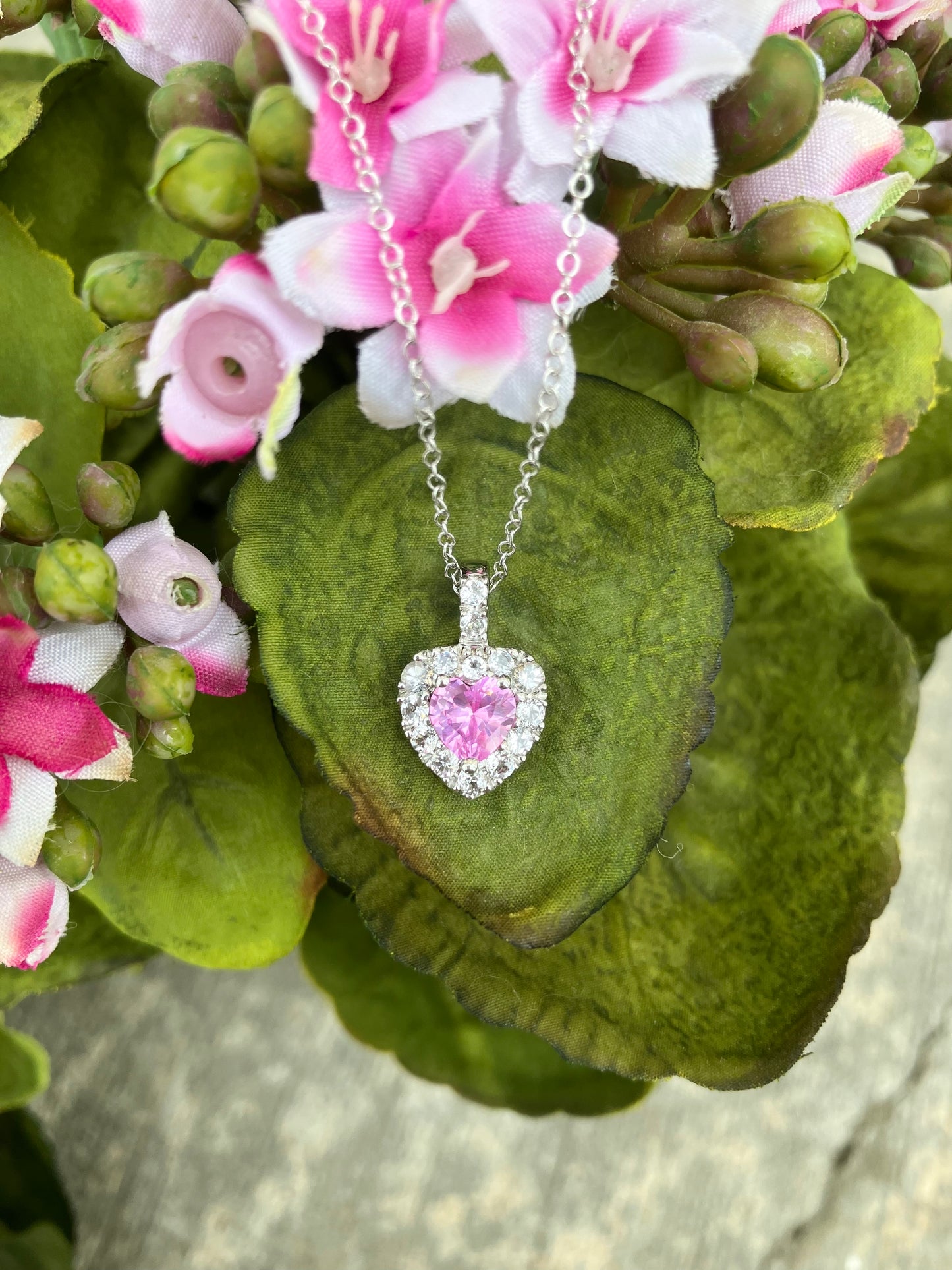 Sterling Silver Lab-Created Pink Sapphire & White Topaz Heart Necklace