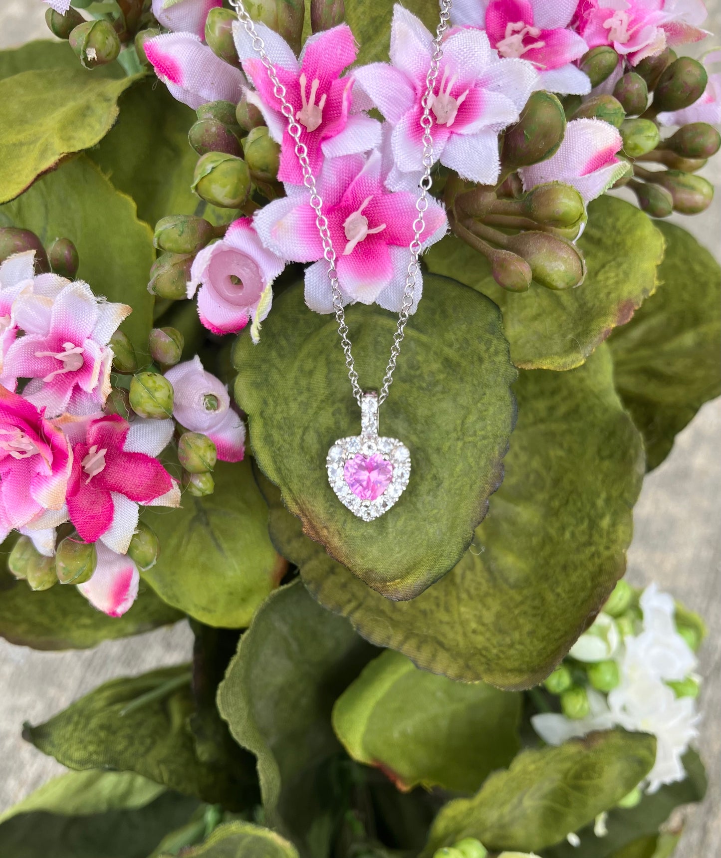 Sterling Silver Lab-Created Pink Sapphire & White Topaz Heart Necklace