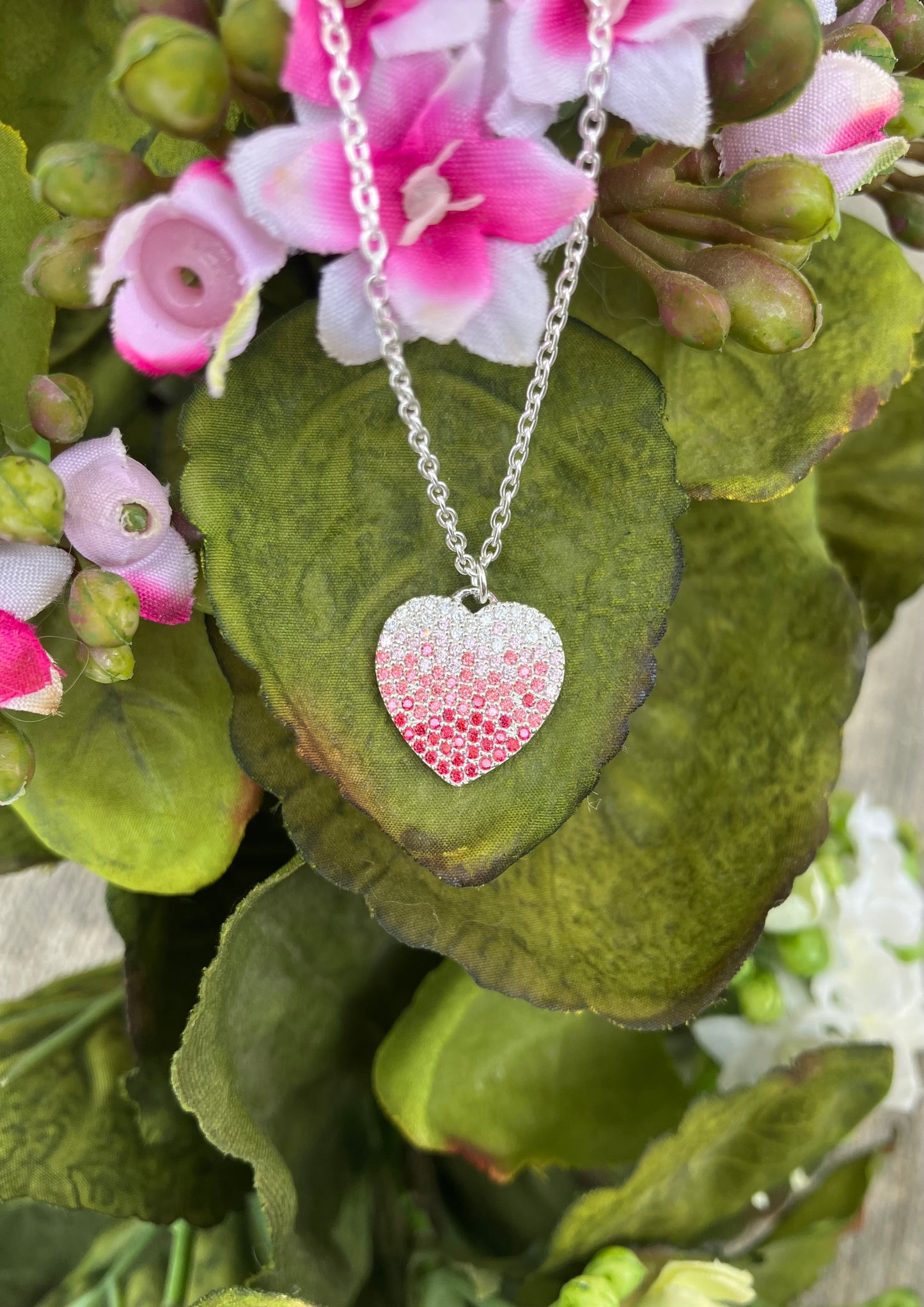 Red, Pink & White Sterling Silver Heart Necklace
