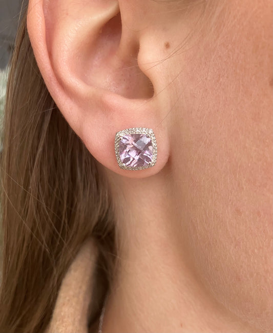 Lavender Pink Quartz & Diamond Halo Stud Earrings
