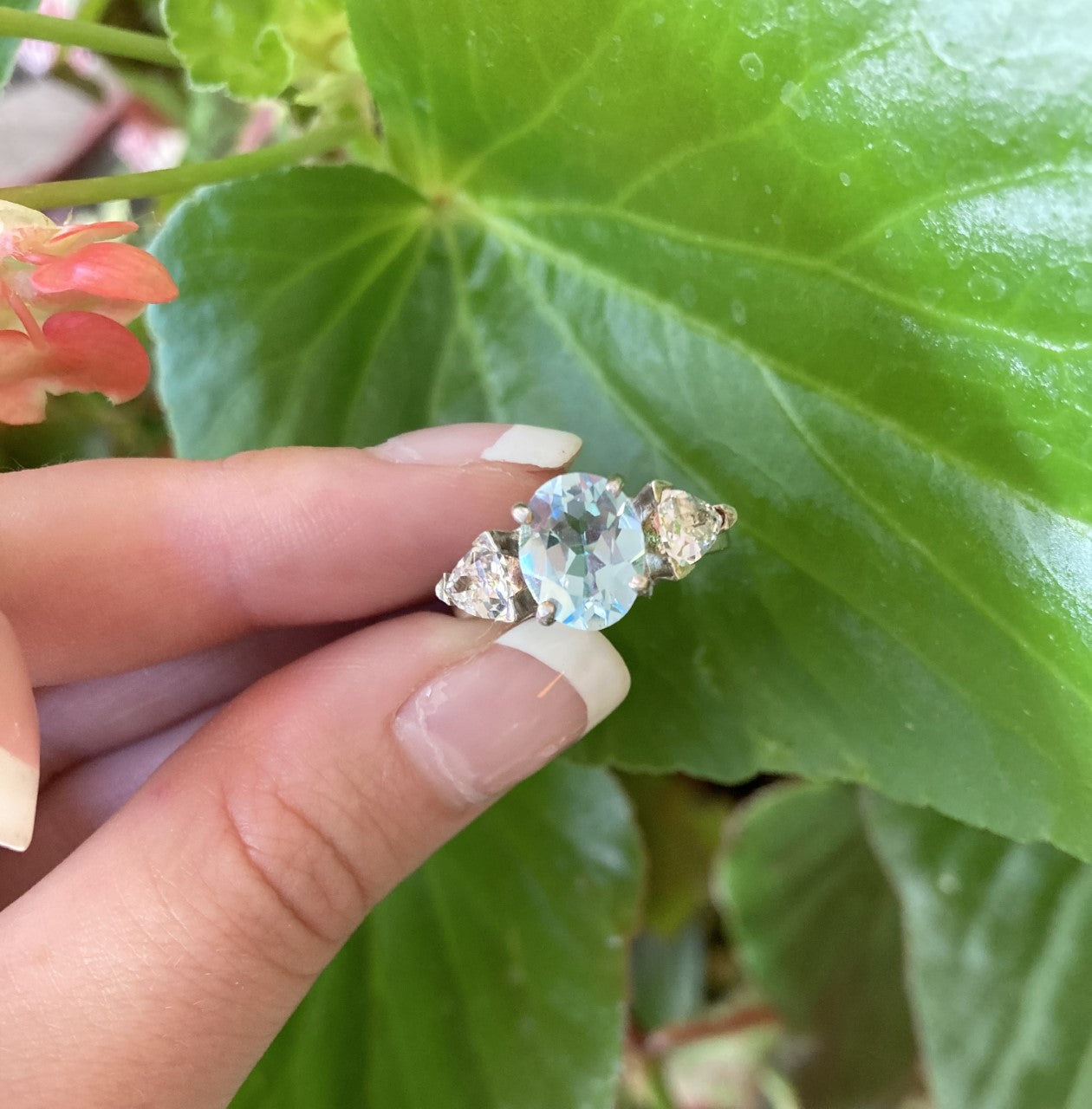 Natural Sky Blue Topaz & Trillion White Sapphire Ring