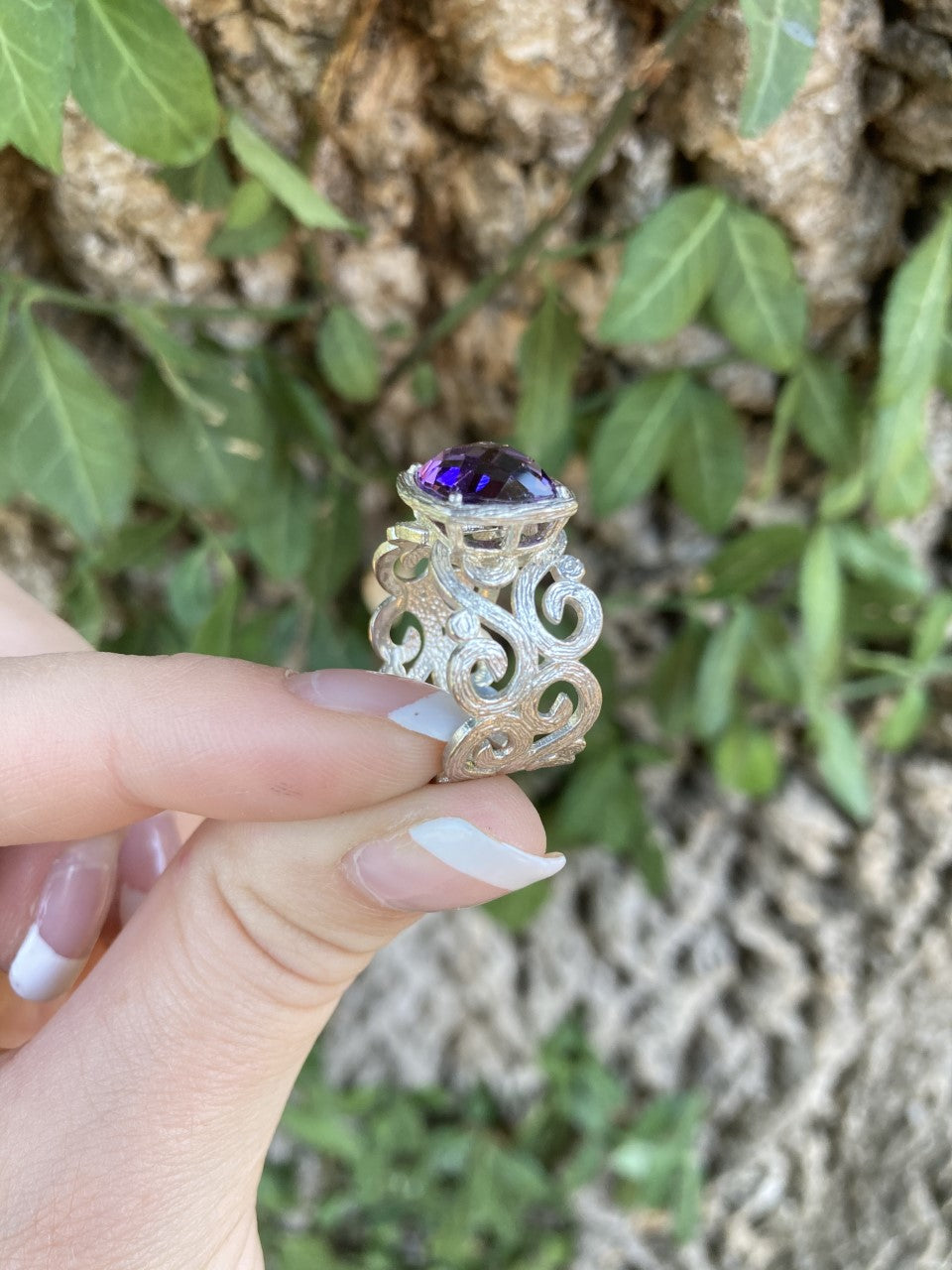 Checkerboard Amethyst and Sterling Silver Filigree Ring