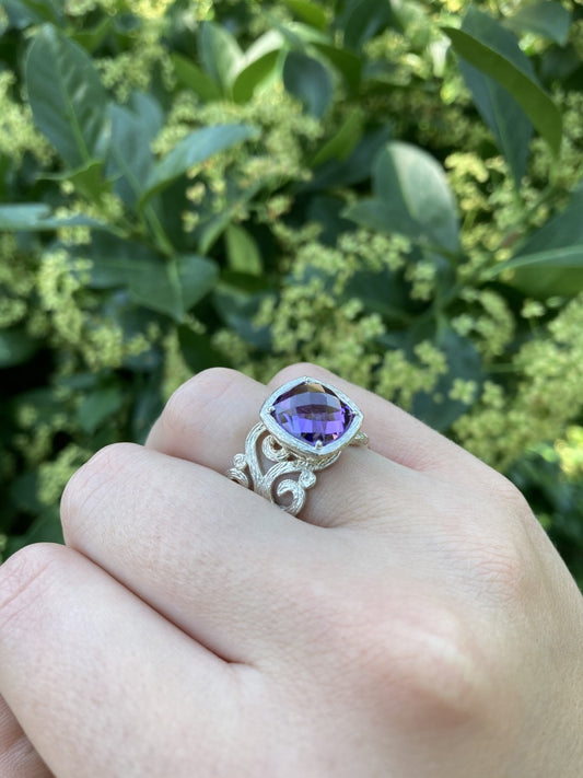 Checkerboard Amethyst and Sterling Silver Filigree Ring